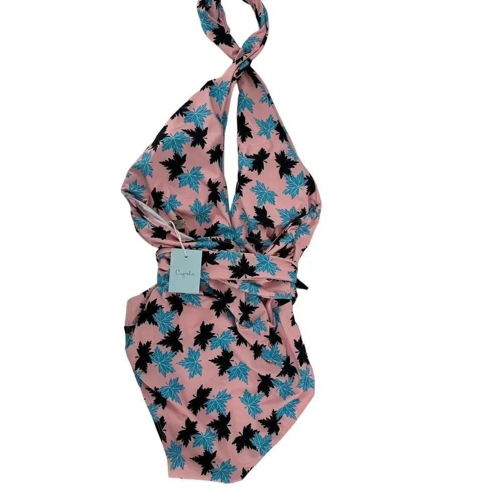 CupShe Swimsuit One Piece Pink L Halter Plunge V Neck Belted Full Cover Bottom